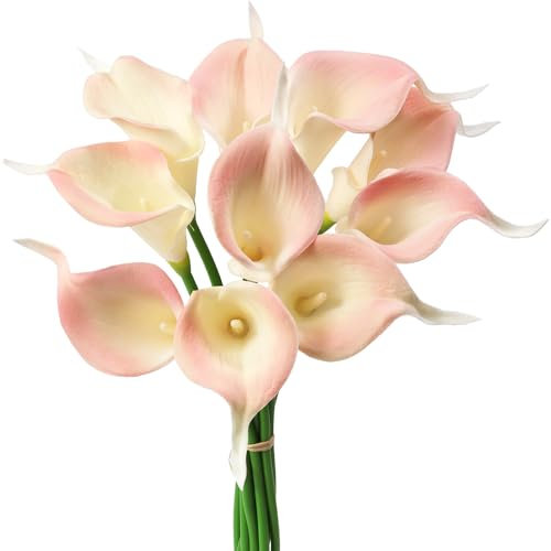 Mini ramos artificiales de lirio de cala de 10 tallos de látex artificial de tacto real para decoración del hogar y fiestas (rosa)