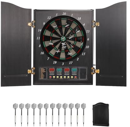 HUSPOO Diana Electrónica de Dardos Con 12 Dardos y 88 Puntas de Repuesto, Fondo Profesional Para Niños y Adultos, Con Puertas, Voz y Pantalla LCD, Negro