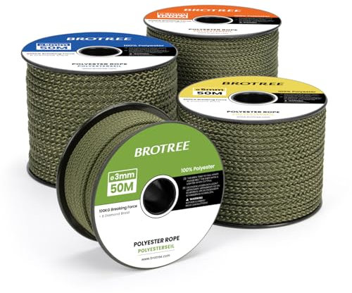 Brotree Corda Intrecciata in Poliestere 3mm x 50m Verde Militare in Bobina per Multiuso Giardino e Fai da te - 100 KG Carico di Rottura
