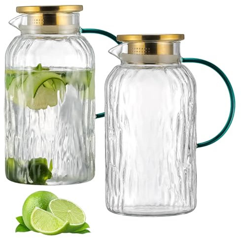 Buaic Paquete de 2 jarras de vidrio con tapa y boquilla, jarra de agua de 2 litros para nevera, jarra de agua de vidrio de borosilicato transparente para infusión fría, café, limonada, té helado,