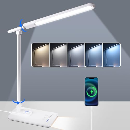 ErayLife Schreibtischlampe LED Tischlampe Dimmbar, 5 Farben und 6 Helligkeitsstufen Desk Lamp mit Touch Control, Timer, USB-Anschluss, Speicherfunktion für Kinder, Büro, Weiß