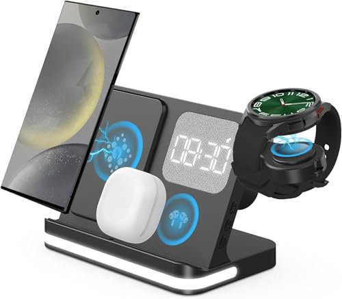 GLILAVOX Wireless Charger,4 in 1 Wireless Charger Station with alarm clock for Galaxy Watch 8/8Classic/7/FE/Ultra Galaxy Z Fold7/6/Z Flip7/7 FE/6/S25 Edge/S25/S24/S23/Note 20/Buds3(Black)