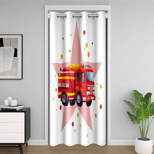 Loussiesd Feuerwehrwagen Türvorhang 150x203cm Kinder Auto Vorhang für Innentür Raumteiler für Jungen Jugendliche Feuerwehr Thema Vorhang Rotes Feuerwehrfahrzeug Raum Dekor