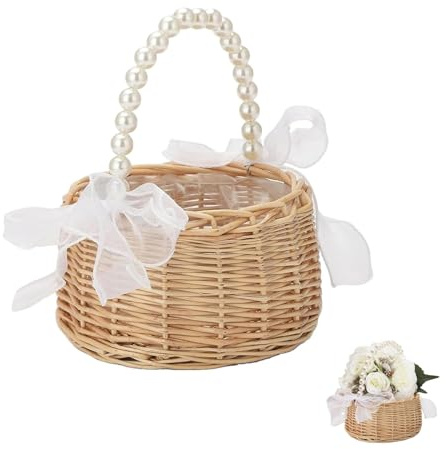 Blumenkorb Hochzeit, Blumenkörbe mit Perle Henkle, Kleiner Weidenkorb mit Henkel, Weidenkorb für Blumen, Geflochtener Blumenkorb, Geflochtener Korb für Hochzeit Tischdeko (16.5 x 20 cm)