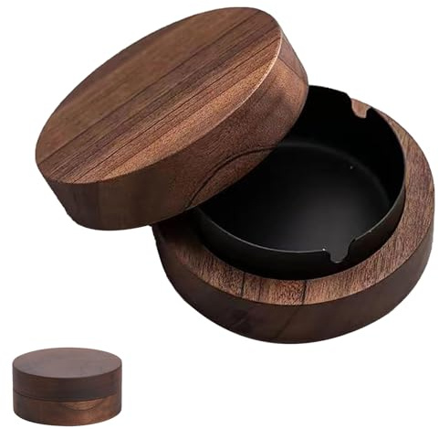 Aschenbecher mit Deckel, Hölzern Windaschenbecher, Black Aschenbecher für Draussen Holz, Aschenbecher aus Holz mit Deckel, Aschenbecher Mit Deckel Und Edelstahleinsatz, für Party, Schwarz