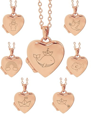 Kette Mädchen Kommunion Geschenk, Kinder Medaillon Herz zum Öffnen mit Bild | Silber 925 und Gold / Rosegold, Halskette 38cm, Foto Service & Gravur Symbol Name personalisiert