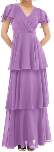 AH148 - Vestidos de dama de honor de manga corta para invitados de boda, formal, de gasa, para noche, graduación, fiesta, maxivestido, Lila, 34