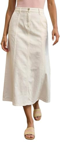 Roman Originals Cotton Denim Panelled Midi Skirt for Women UK - Ladies Everyday Autumn Winter Comfy Soft Evening Vacation Work Party Night Out - White - Size 18