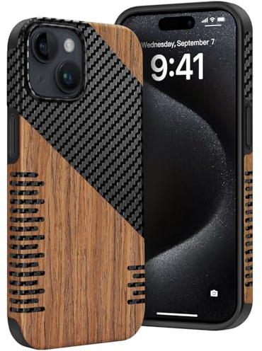 Dolstrap Robuste Coque iPhone Compatible avec Coque iPhone 15, (Bois Naturel & Cuir & Fibre Texture de Carbone) Mince Case, Noir+Marron
