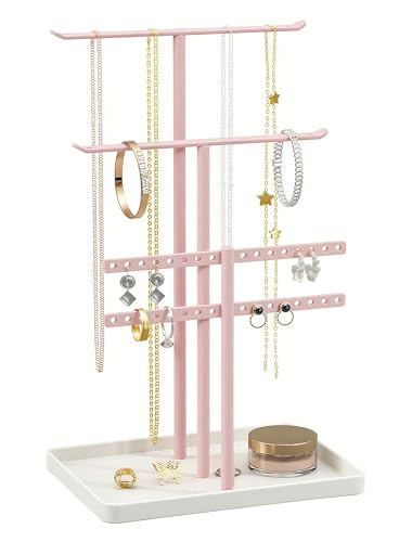 Schmuck Organizers, Schmuckständer 32cm Groß, 4 Ebenen Robust Schmuckaufbewahrung Reise, Schmuckschrank Organizer für Halskette, Armband, Parfüm und Ohrringe, Deko Aesthetic Accessoires, Rosa
