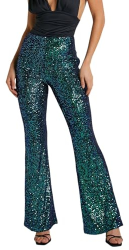 Generisch Pantaloni da donna con paillettes scintillanti, vita alta, gamba larga, pantaloni a zampa, pantaloni a zampa, abbigliamento da discoteca, verde, XXL