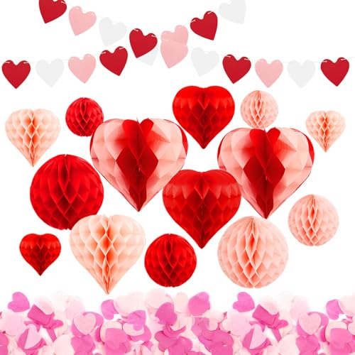 ZOCONE Valentinstag Deko Herz Set 16 Stück Romantische Dekoration Herz Deko Verlobung Wabenbälle Rot Rosa Girlande Herzen und Papier Herzen Konfetti für Valentine's Day Heiratsantrag Verlobung