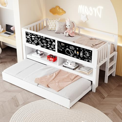 Merax Kinderbett 90x200 cm, ausziehbares Rollbett mit Tafel & offenem Stauraum, Kletterleiter, Regalfächern & Schutzgitter, platzsparendes Etagenbett für Kinderzimmer, Weiß (ohne Matratze)