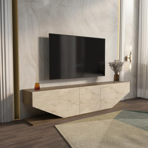 DECOROTIKA Meuble TV 180 cm Noyer et Travertin – Console TV Design Moderne