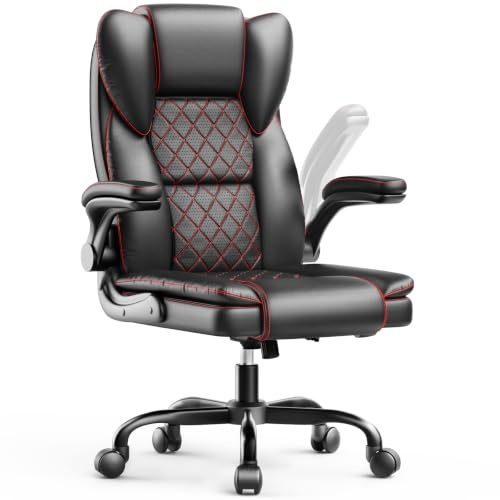 naspaluro Heavy Duty Office Chair with Adjustable Lumbar Support, Ergonomic High Back Desk chair with Flip-up Armrests, Tilt Function for Home Office & Gaming, PU Leather, Black