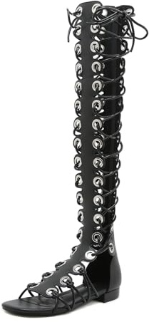 STUPMARY Sandalias de tacón plano con cordones y puntera abierta para mujer, sandalias de gladiador con cremallera sobre la rodilla, botines de verano, Tacón plano negro, 42.5 EU