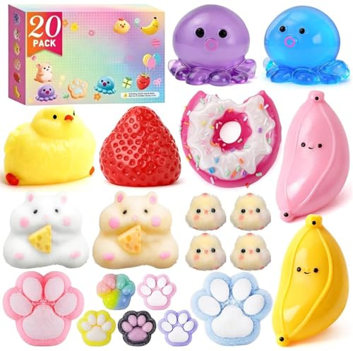 Anti Stress Squishi Set, 20 Stück Küken Hamster Katzenpfoten Bananen Squeeze Toy, Lustige Fidget Toys, Mitgebsel Kindergeburtstag, Kinder