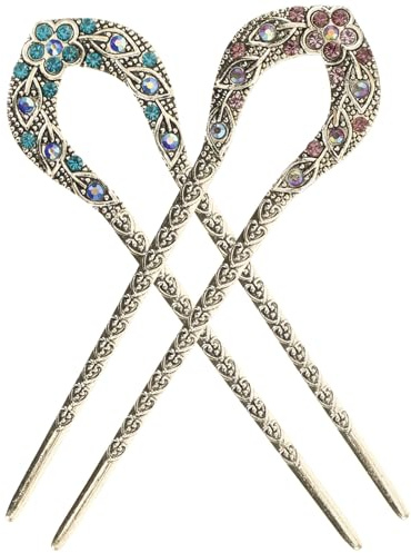 Toddmomy Palillos Cabello Vintage de Aleación Azul Diseño de Doble Punta y Cristales Incrustados, Pinzas para Peinados DIY Casuales para Mujeres, Paquete de 2 Piezas