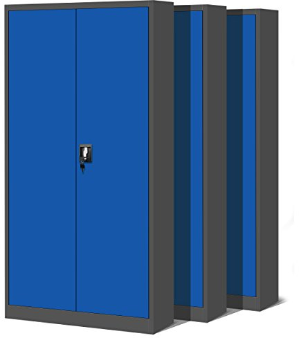 Jan Nowak 3er Set Aktenschrank C001H Büroschrank Metallschrank Stahlschrank Werkzeugschrank Stahlblech Pulverbeschichtet Flügeltürschrank Abschließbar 195 cm x 90 cm x 40 cm (anthrazit/blau)