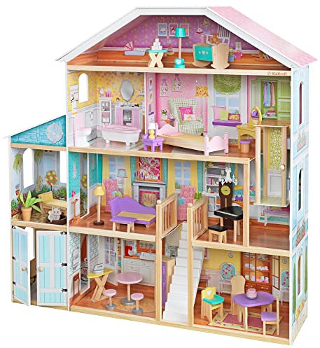 KidKraft Grand View Mansion Puppenhaus aus Holz | Großes XXL-Haus, 4 Stockwerke, 34 Accessoires, Möbel und Aufzug inklusive | Rollenspiel | Gesamtmaße: 130,5 x 33 x 129,5 cm