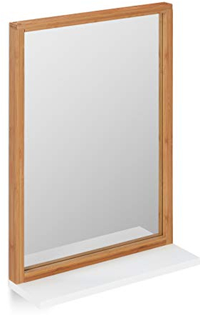 Relaxdays Specchio da Parete con Mensola e Cornice, per Bagno/Ingresso, da Appendere, in Bambù & MDF, Marrone Chiaro/Bianco