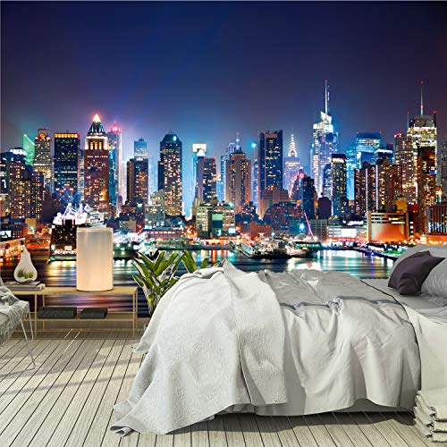 murimage Papier Peint New York 366 x 254 cm colle inclus Photo Mural Manhattan Skyline Vue nocturne Nuit USA Cité bureau Wallpaper