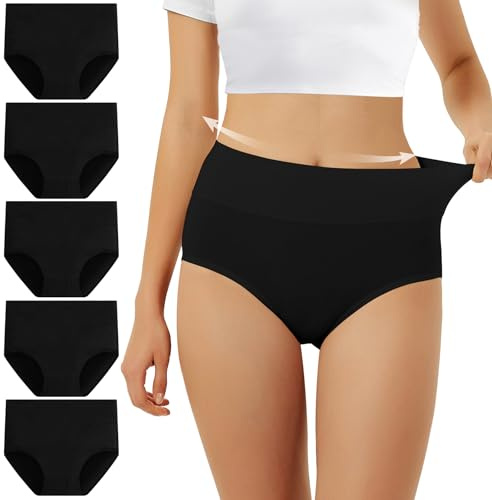 FALARY Unterhosen Damen Unterwäsche Baumwolle 5er Pack Slip Hohe Taille Unterhose Taillenslip M Schwarz