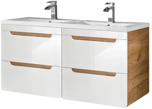 Lomadox Doppel-Waschtischunterschrank 120 cm mit Keramikbecken LUTON-56 Hochglanz weiß mit Wotan Eiche Nb. B/H/T ca. 121/63/46 cm