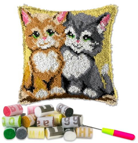 DL-YTG Latch Hook Kits Pillow Cat Crochet Yarn Cushion Colour Pre-Printed Canvas Needlework DIY Pillowcase Hook and Latch Kit Christmas Home Arts Crafts Sofa Decoration 42x42cm/16X16inch