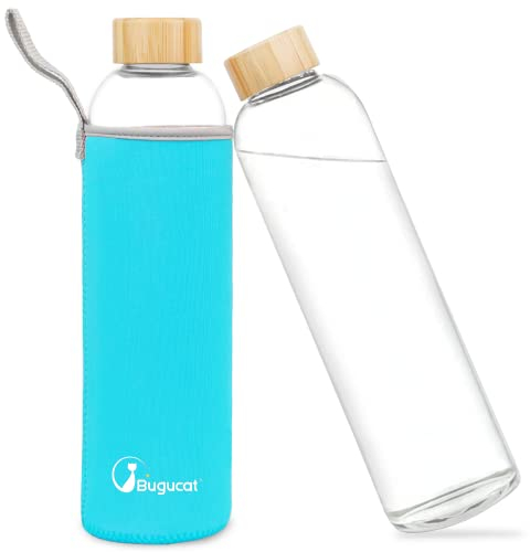 Bugucat Borosilicate Glass Water Bottle 1000ML, Reusable Bamboo Lid Drinking Bottle with Protective Sleeves,Juice Beverage Container BPA-Free Leak Proof for School Sport Yoga Gym Hot Cold Drinks
