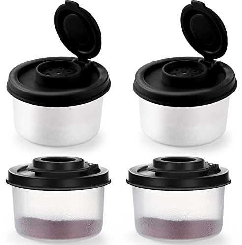 Saliera e pepiera, 4 pezzi, in plastica, a prova di umidità, per popcorn, saliera con coperchio, contenitori trasparenti per spezie, per campeggio, sala da pranzo e cucina (piccolo, nero)
