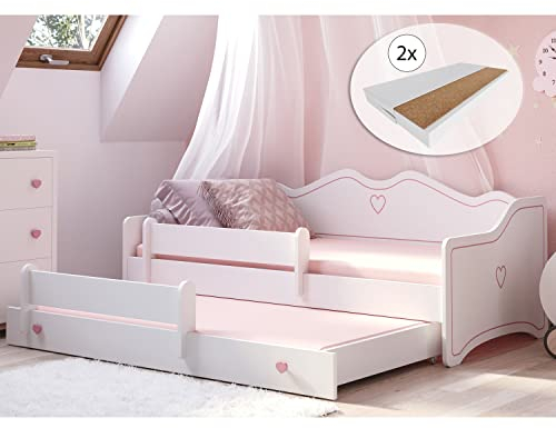 Kids Collective Mädchenbett 80x160 cm mit Ausziehbett & Zwei Matratzen Kinderbett Jugendbett Funktionsbett mit Rausfallschutz | Prinzessin Kinder Sofa Bett umbaubar | 3. bis 10. Lebensjahr | weiß rosa