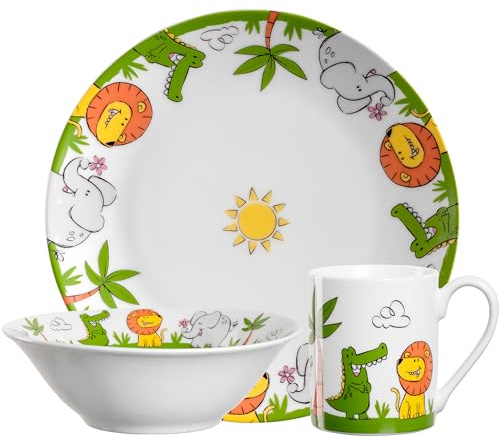 LEONARDO HOME Bambini Kinder Geschirr-Set 3-teilig - Kinder-Geschirr aus hochwertigem Porzellan - Spülmaschinenfest, mikrowellengeeignet, robust - Mit Tier-Motiven Löwe, Elefant, Krokodil, 023152