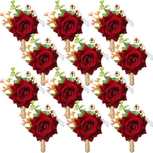 Sherr Set of 24 Burgundy Boutonniere for Men Rose Wedding Pocket Boutonniere with Pins Groom Groomsmen Corsage Man Suit Buttonholes Flower for Anniversary Party Prom Decoration Funeral Pins