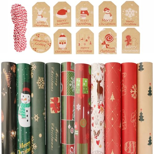 LSRVNM Geschenkpapier Weihnachten, 10 Blatt 70 x 50 cm Recycling Weihnachtspapier, Bunt Öko Kraft Geschenk Papier mit Tags und seilen