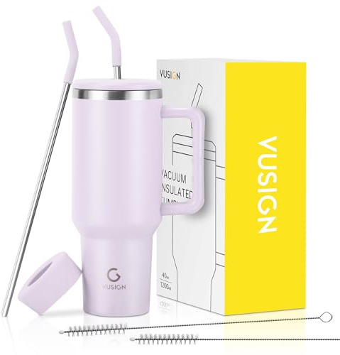 VUSIGN Trinkbecher mit Griff und Strohhalm-Deckel, Edelstahl, vakuumisoliert, Reisebecher, Wasserflasche für Wasser, Eistee, Kaffee, Smoothie, Auto, Orchidee