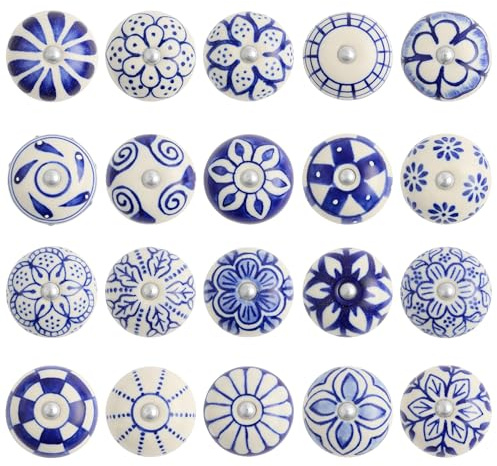 GlobeeCraft Boutons de mueble vintage en céramique peints à la main, Parfaits comme bouton de tiroir, armoires, portes de cuisine et bouton de commode. Lot de 20 boutons (Bleu)