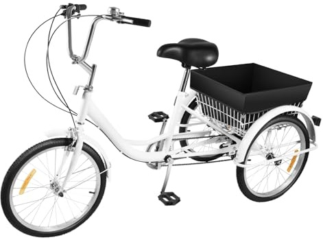 HUSPOO 20 Zoll Dreirad Erwachsene, 3 Räder Fahrrad 8 Gang mit Einkaufskorb Dreirad und Licht, Weiß