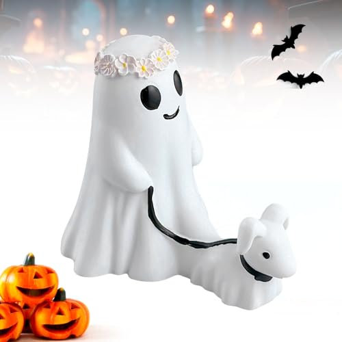 Qnynnty Geister Statue Mit Hund Halloween Geister Figurine Niedlicher Ghost Walking Dog Ornament für Garten und Haus, Lustige Geister Hund Statue für Halloween Hof Deko