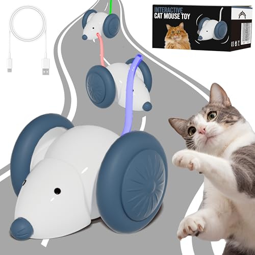Paws&Whiskers Moving Cat Toys for Indoor Cats & Kitten - 2-Speed Adjustment Interactive Mouse Cat Toy - Motion Activated USB Rechargeable Smart Automatic Cat Toy for different surfaces (White)