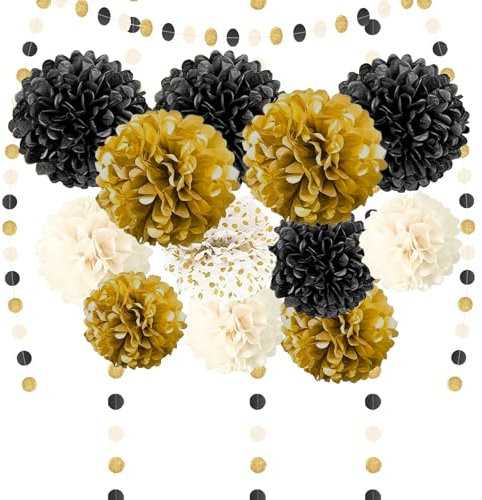 Partydekoration Pompons 15 Stück Schwarz Gold Weiß Seidenpapier Pompons Deko mit Tissue Papier Pom Poms und Dots Papier Girlande für Hochzeit Abschlussball Babyparty Geburtstag