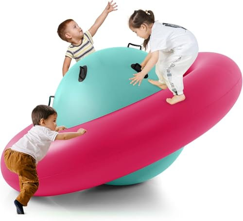 FANTASK Aufblasbare Kuppelwippe für Kinder, 223 cm große Kinderwippe zum Rollen, Neigen, Klettern & Hüpfen mit 6 integrierten Griffen (Rosa + Grün)