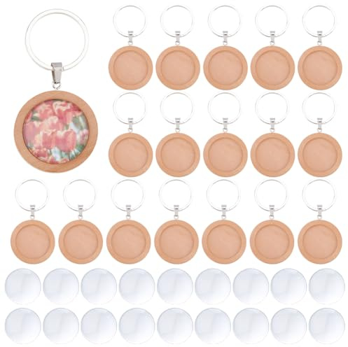 DICOSMETIC 20 Set Holz Schlüsselanhänger Anhängerfassung 25mm Tan Holz Cabochon Schlüsselanhänger Rohlinge Mit Schlüsselringen DIY Schlüsselringherstellung Set Für Foto von Schlüsselanhängern