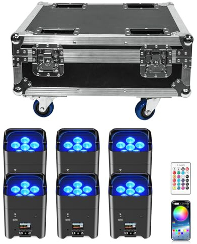 6PCS 6 * 18W LED Akku Par Licht Mit wiederaufladbarem Flightcase, RGBWA+UV Disco Partylicht mit 9600mAh, Scheinwerfer mit Batterie Fernbedienung/APP/DMX, Wiederaufladbar für Bühne Party Geburtstag