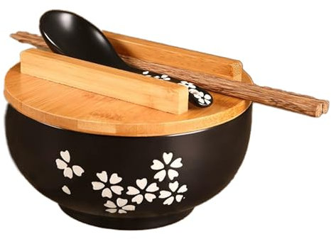 Tazón de cerámica japonesa de ramen negro con tapa y cuchara de 6,3 pulgadas, 1000 ml, juego de cuenco de pasta con palillos ideal para sopas, cereales, fiestas, cenas en casa, restaurante