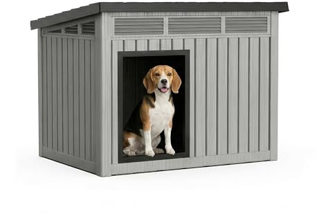 VIXZEN Dog House Outdoor, Indoor Dog House Medium Size Dog with Weatherproof PP Resin Material, Doghouse Outdoor with Openable Roof for Easy Cleaning, Sloped Roof, Air Vents, Easy Assembly (Gray)
