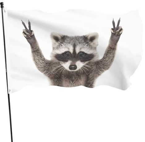 Lustige Waschbär-Outdoor-Flaggen, doppelseitig, wetterfest, lebendige Farben und lichtbeständig, 90 x 150 cm, Polyester, Gartenflagge, Outdoor-Banner für Hof, Haus, Rasen, Dekoration mit 2 Ösen
