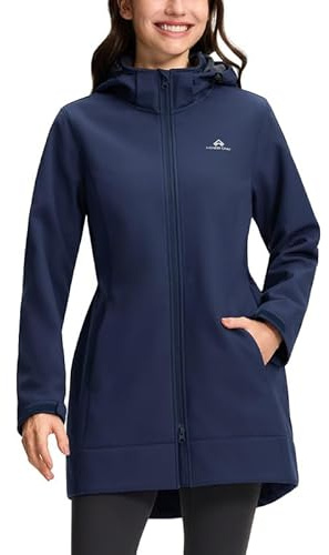 Pioneer Camp Chaqueta softshell para mujer, de forro polar, con capucha, impermeable y cortavientos, cintura ajustable, con cremallera, bolsillos para senderismo, correr, etc, azul oscuro, M