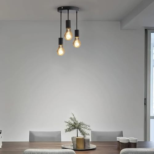 MSC Industrial 3 Pendant Ceiling Light – Modern Black Hanging Ceiling Lights with E27 Base, Vintage Multi-Level Lamp Holders for Living Room, Bedroom, Kitchen, Hallway, NO Bulbs Included