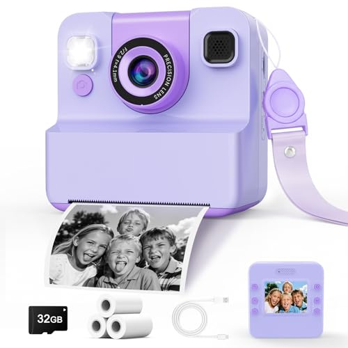 Cámara Infantil con Impresión Instantánea 1080P, 3 Rollos Y 32GB | Pantalla 2,4, Fotos y Vídeo, Marcos, Música, Juegos Y Enfoque Automático. Versión Morada Para Niños de 3 a 12 Años
